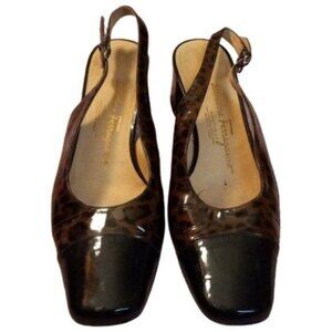 Salvatore Ferragamo C40 8 B Italy Leopard Print Patent Leather Slingback Heels